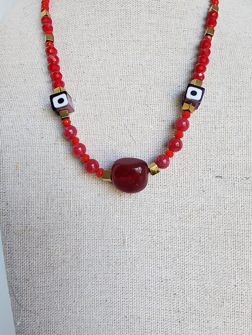 Burnt Red Evil Eye Beaded Necklace Adjustable 18-22" Boho Statement Jewelry